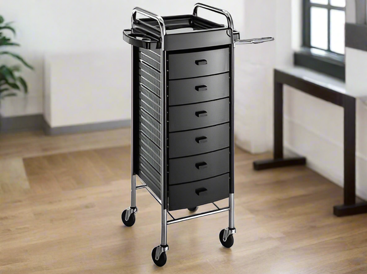 Luxury Italian salon trolley with storage, wheels and heat resistant surface 
