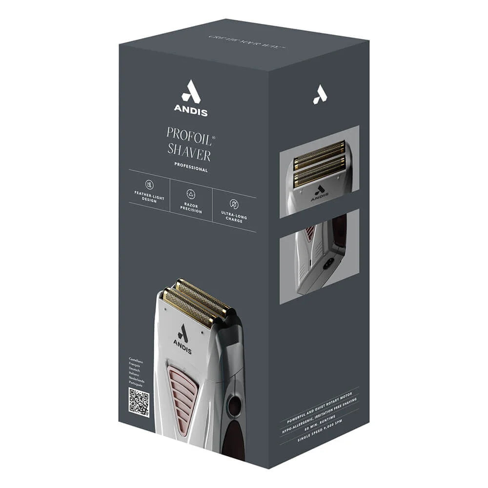 Andis Foil Shaver for Professionals and home use. Sleek light body, Gold titanium finish, Premium charging stand.